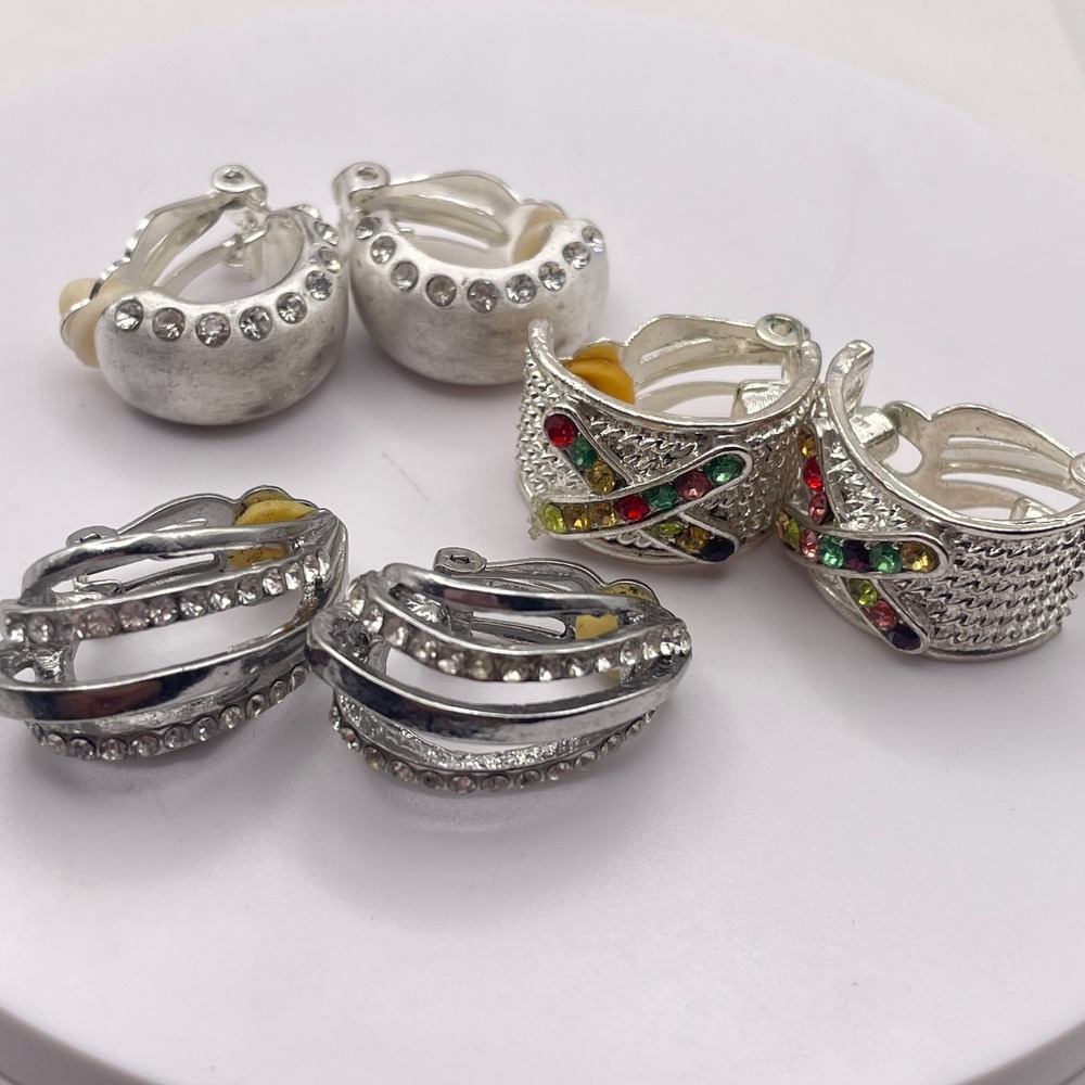 Vintage Silver Tone Clip On Earring Lot 3 Pairs Rhinestone Multi Color Hoop Set